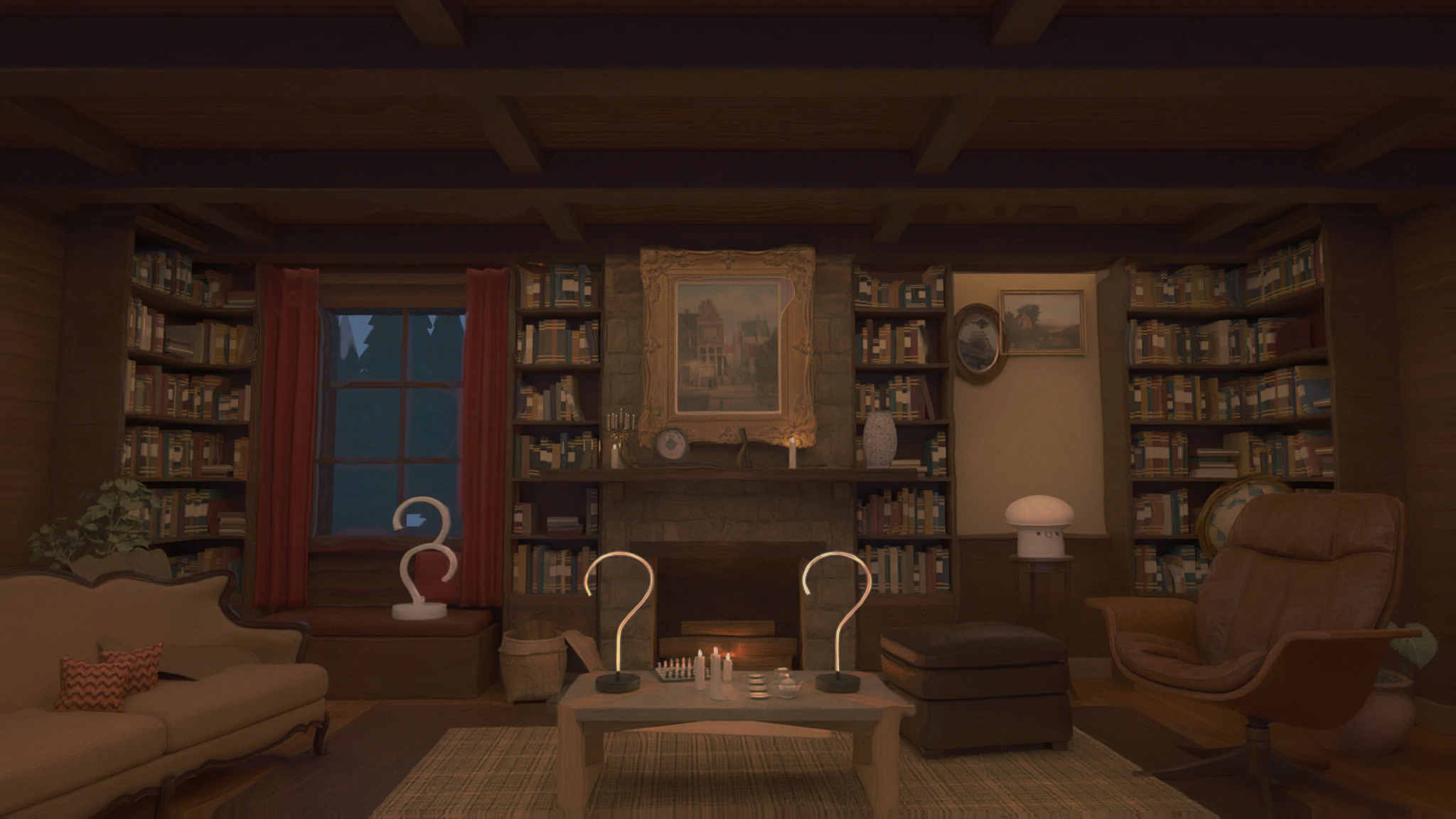 A cozy lodge library at night with glowing lamps, a fireplace and a snowy window