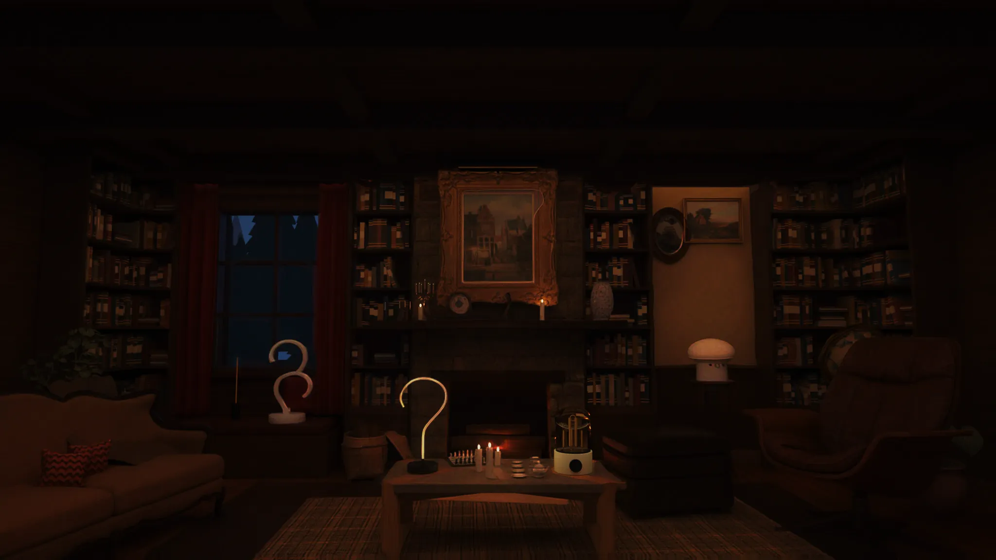 A cozy lodge library at night with glowing lamps and a snowy window