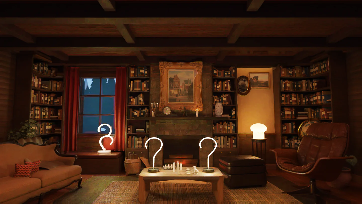A cozy lodge library at night with our lamps lit: Question Mark lamps, a Spiral lamp and a Mushroom lamp