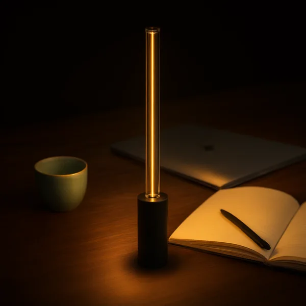 A slim glass glow stick lamp lighting a desk at night