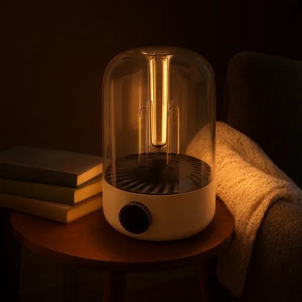A glass filament lantern glowing beside an armchair