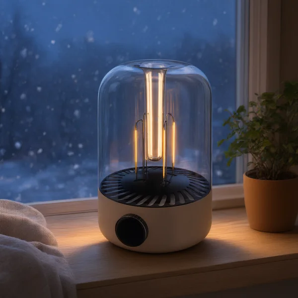 A glass filament lantern on a window sill at dusk
