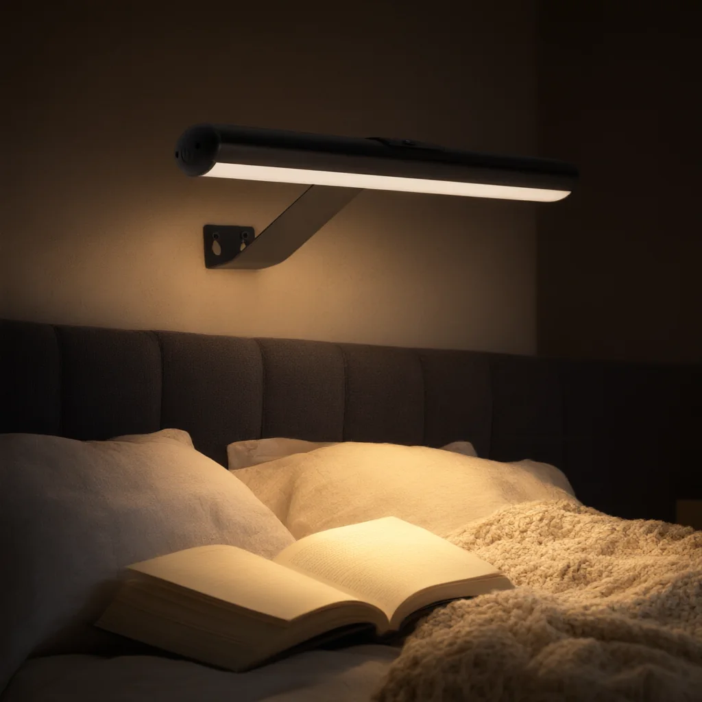 Cordless picture light above a bed lighting an open book