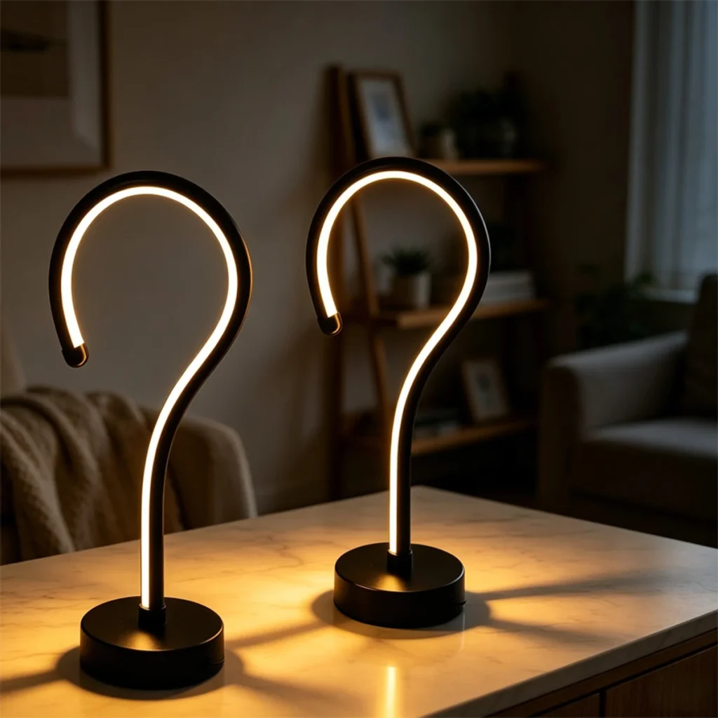 Question Mark LED Table Lamp, set of 2 on a kitchen counter