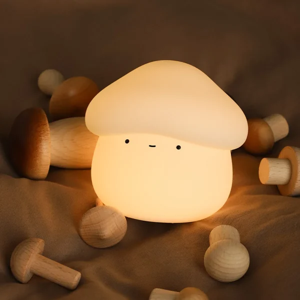 A soft silicone mushroom lamp glowing warmly