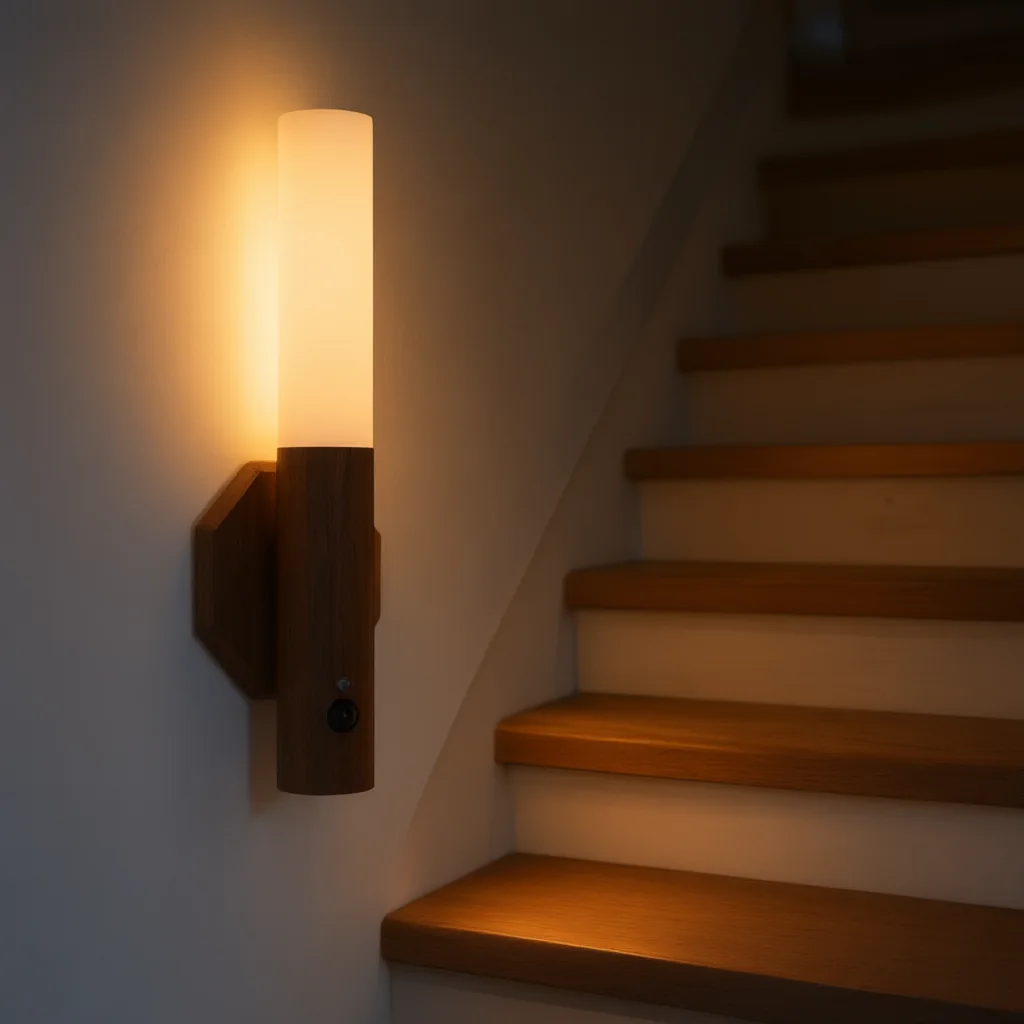 Walnut motion wall light lighting stairs at night